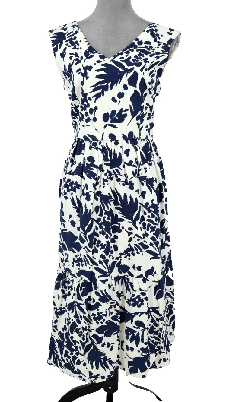 Magaschoni Dress Womens 8 White Blue Floral Linen Blend Smocked Back Zip Lined